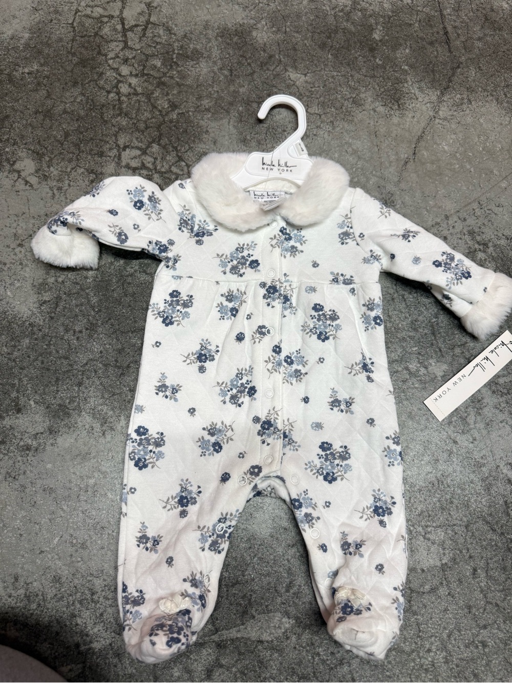 Blank Baby Floral Quilted One-Piece with Faux Fur Collar - White & Blue